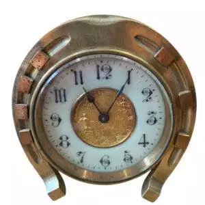 Fabulous Antique Novelty Be Lucky horseshoe Mantel Clock – ca1900