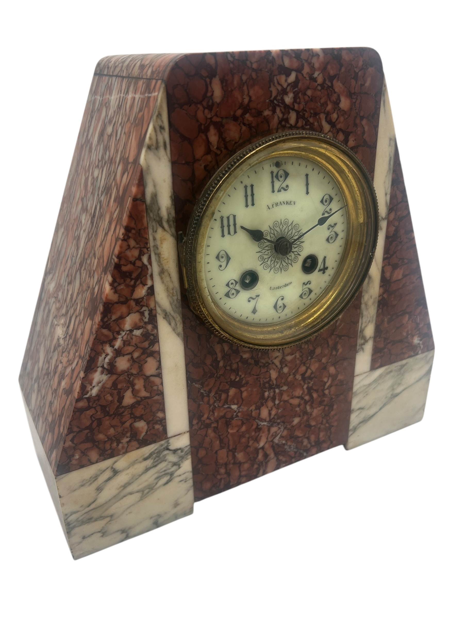 Fabulous French Art Deco red & white Marble Mantel Clock Set – ca1920 - Image 4