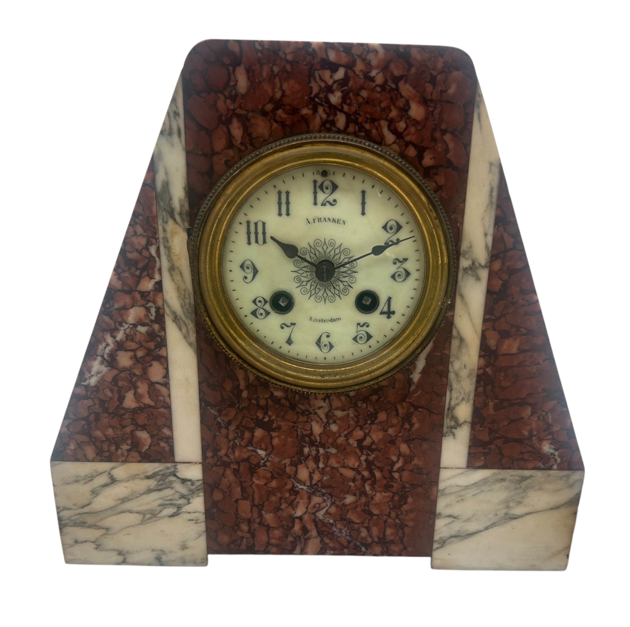 Fabulous French Art Deco red & white Marble Mantel Clock Set – ca1920 - Image 5