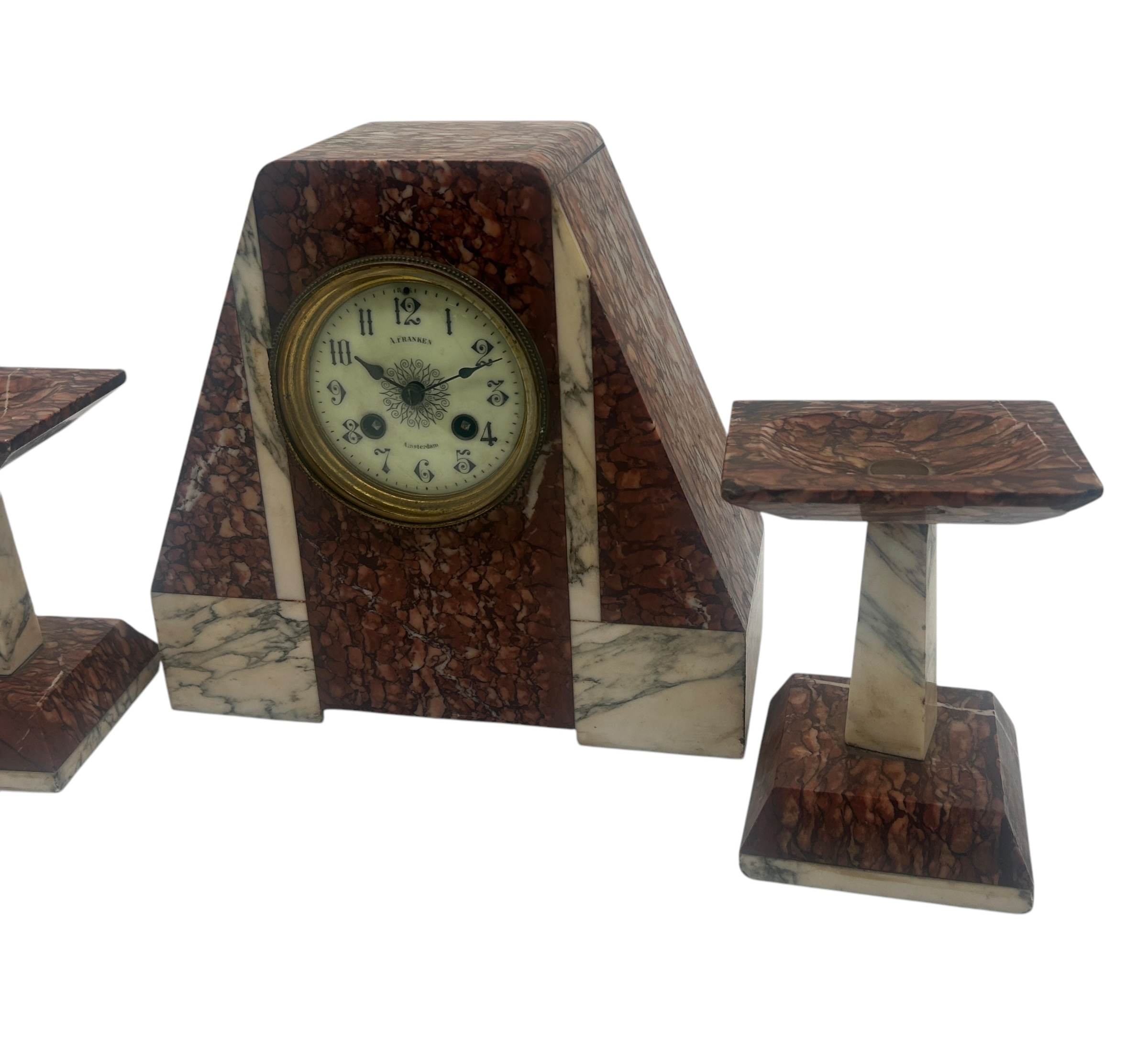 Fabulous French Art Deco red & white Marble Mantel Clock Set – ca1920 - Image 3