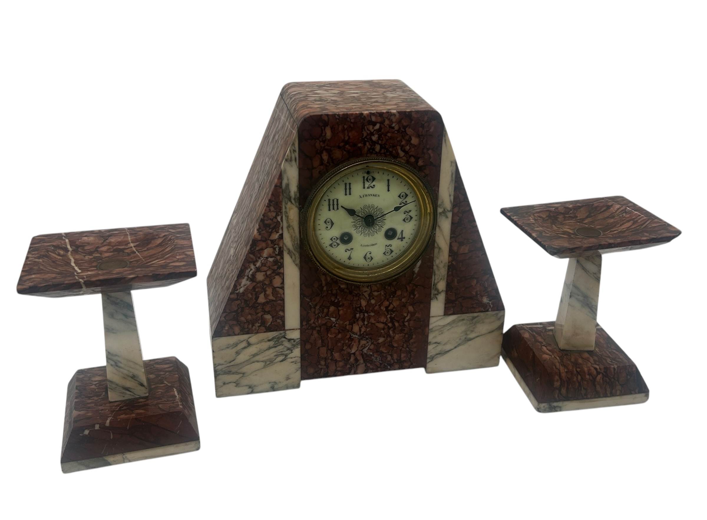 Fabulous French Art Deco red & white Marble Mantel Clock Set – ca1920 - Image 2