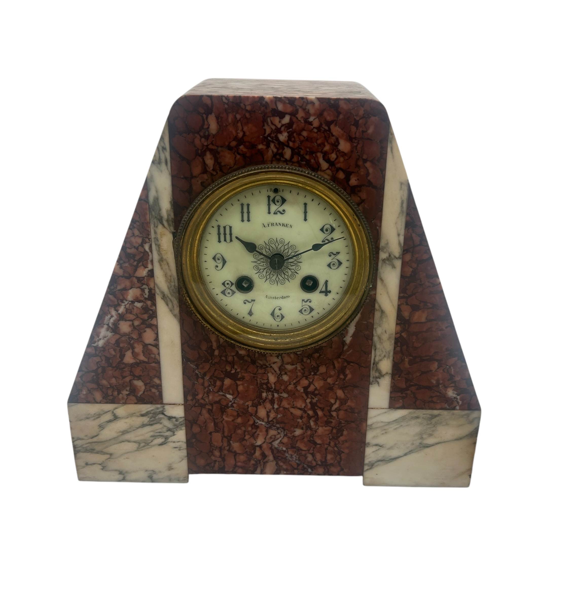 Fabulous French Art Deco red & white Marble Mantel Clock Set – ca1920 - Image 7