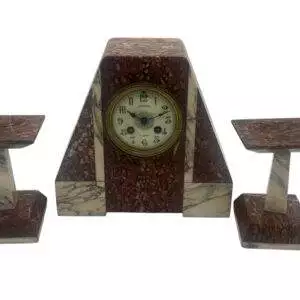 Fabulous French Art Deco red & white Marble Mantel Clock Set – ca1920