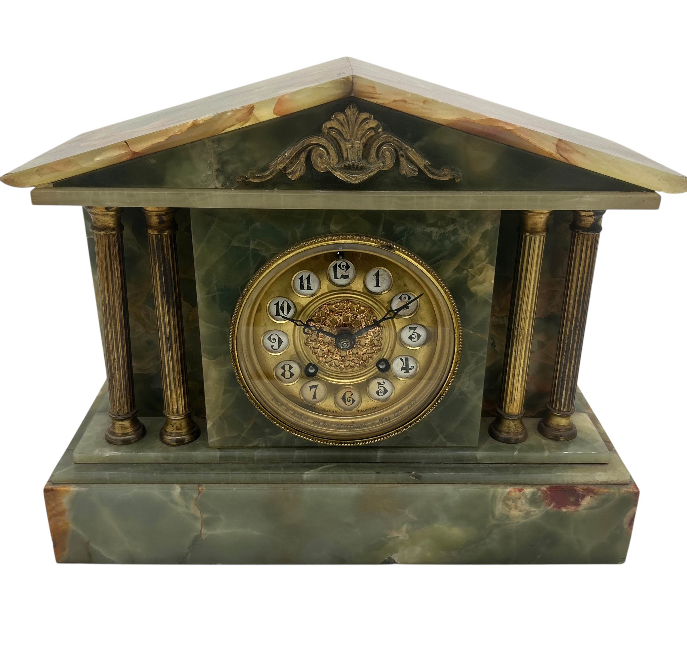 Rare Green Onyx Architectural Mantel Clock – ca 1900