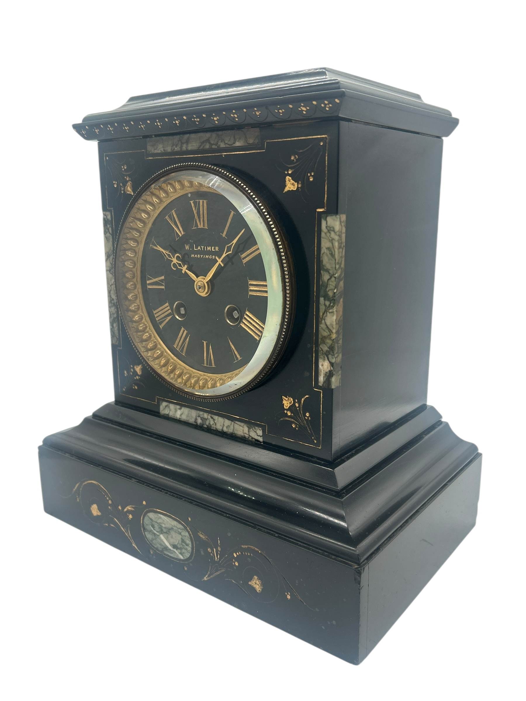Incredible Antique Slate & Green Marble 8-Day Mantel Clock - C1870 - Image 9