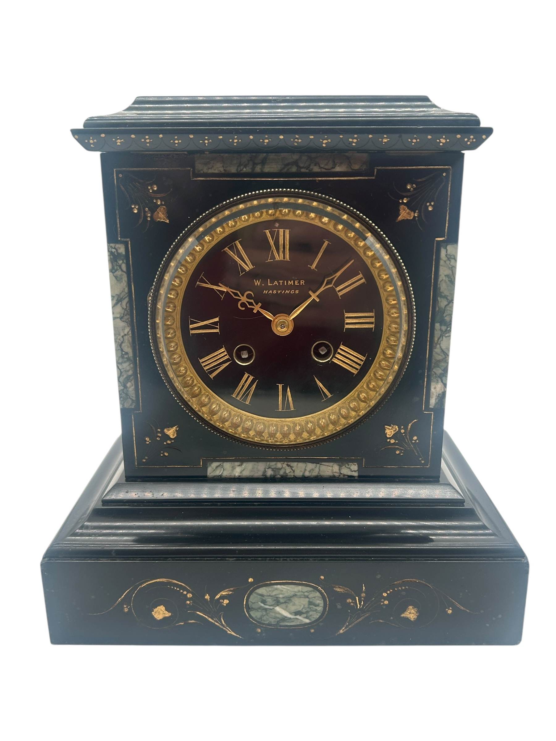 Incredible Antique Slate & Green Marble 8-Day Mantel Clock - C1870