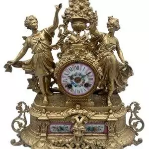 Charming French Gilt Figural pink sevres Mantel Clock – ca1890