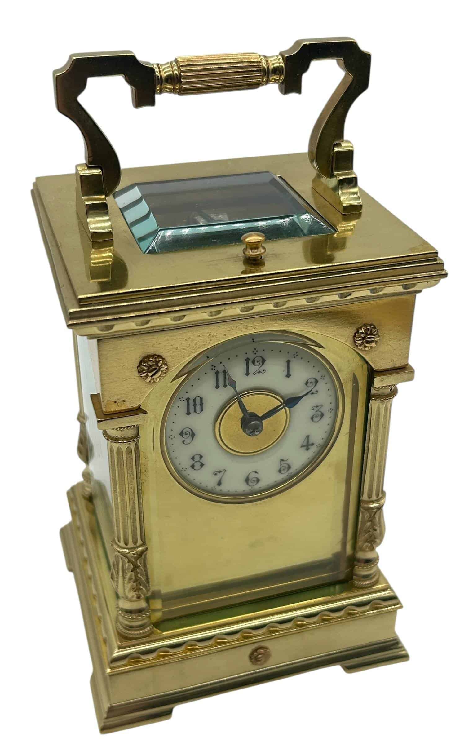 Incredible Architectural Carriage Clock with Brass and Enamel Masked Dial – French 8-Day Gong Striking Carriage Clock with Repeat Feature.