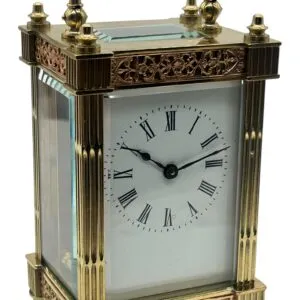 Highly Collectable Carriage Clock with fretwork decoration to all sides with enamel dial – French 8-Day Timepiece Movement.