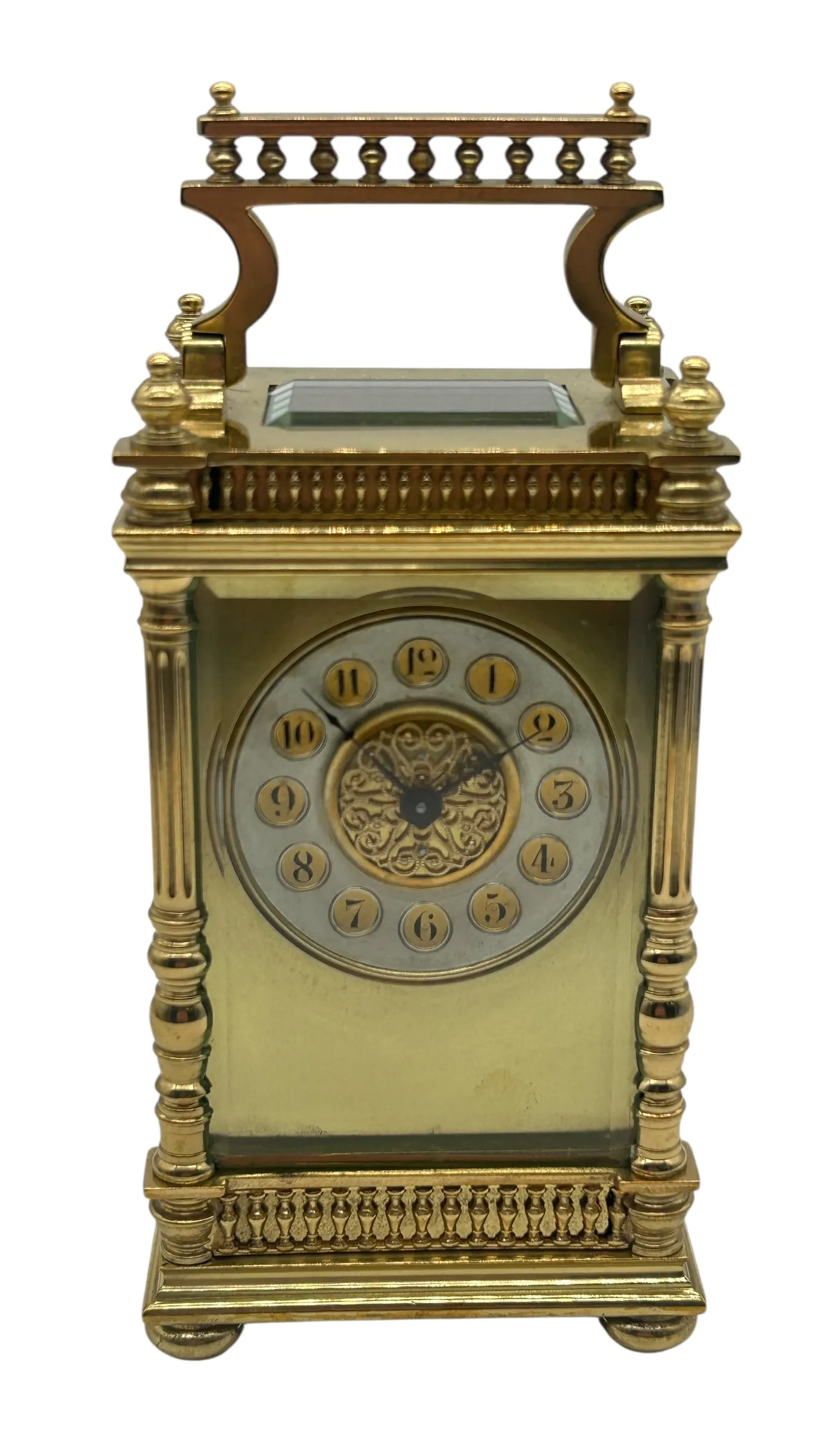 Wow, Superb Carriage Clock with fretwork decoration to all sides masked dial – French 8-Day Timepiece Movement.