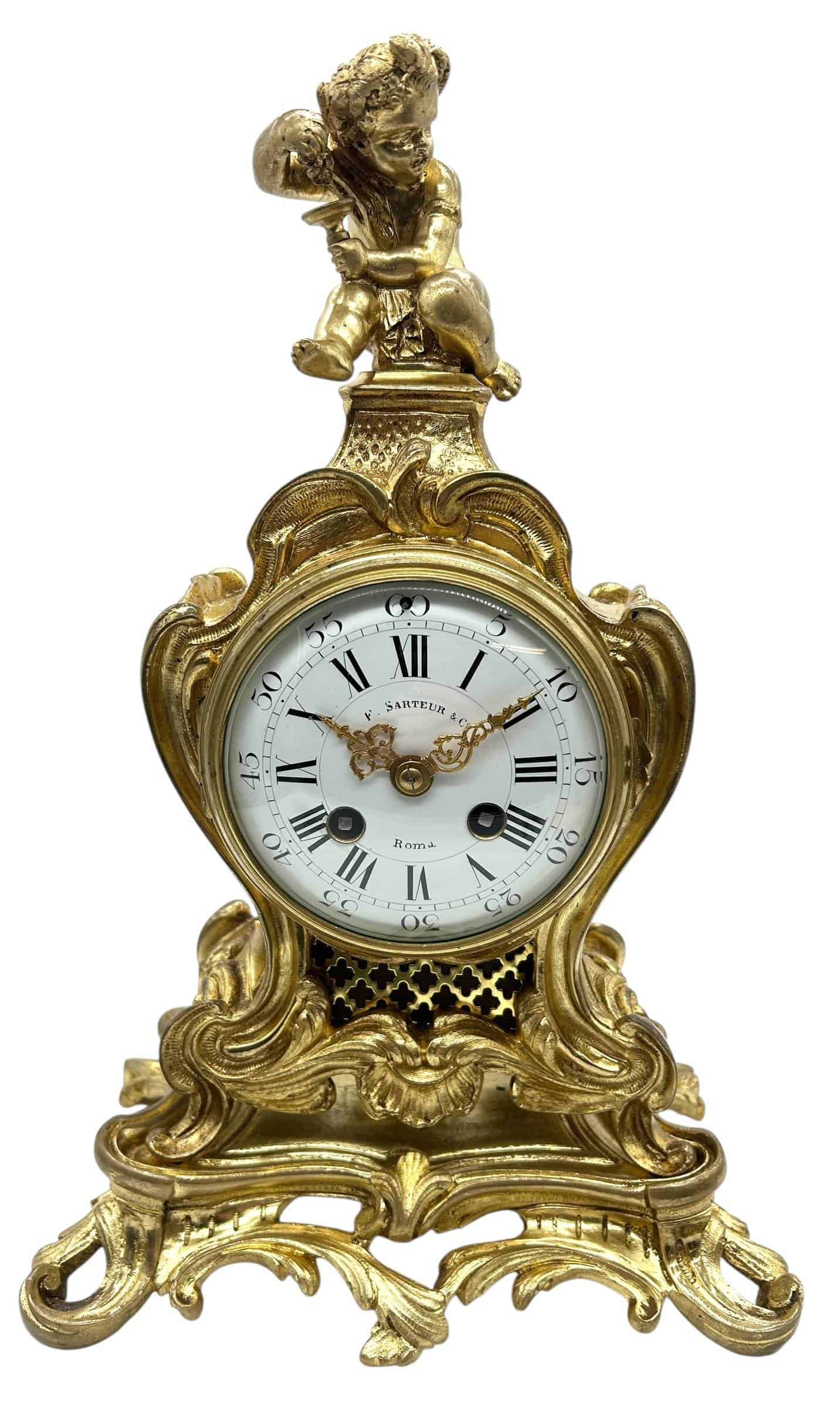 Antique French Ormolu Scrolling Mantel Clock – Cherub Finial
