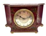 Interesting Red Chinoiserie Mantel Clock – Gilt Gold Decoration Silver Dial 8-day Clock