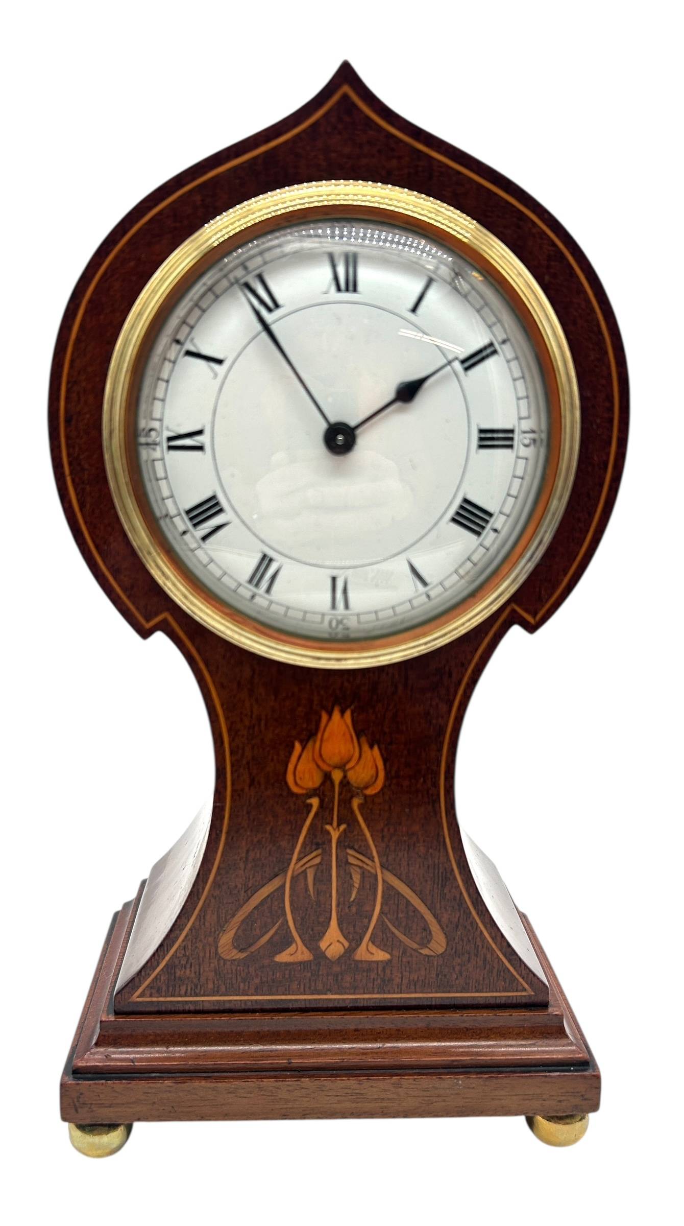 Art Nouveau Tulip Inlaid Mantel Clock – Mahogany French Timepiece with Inlay
