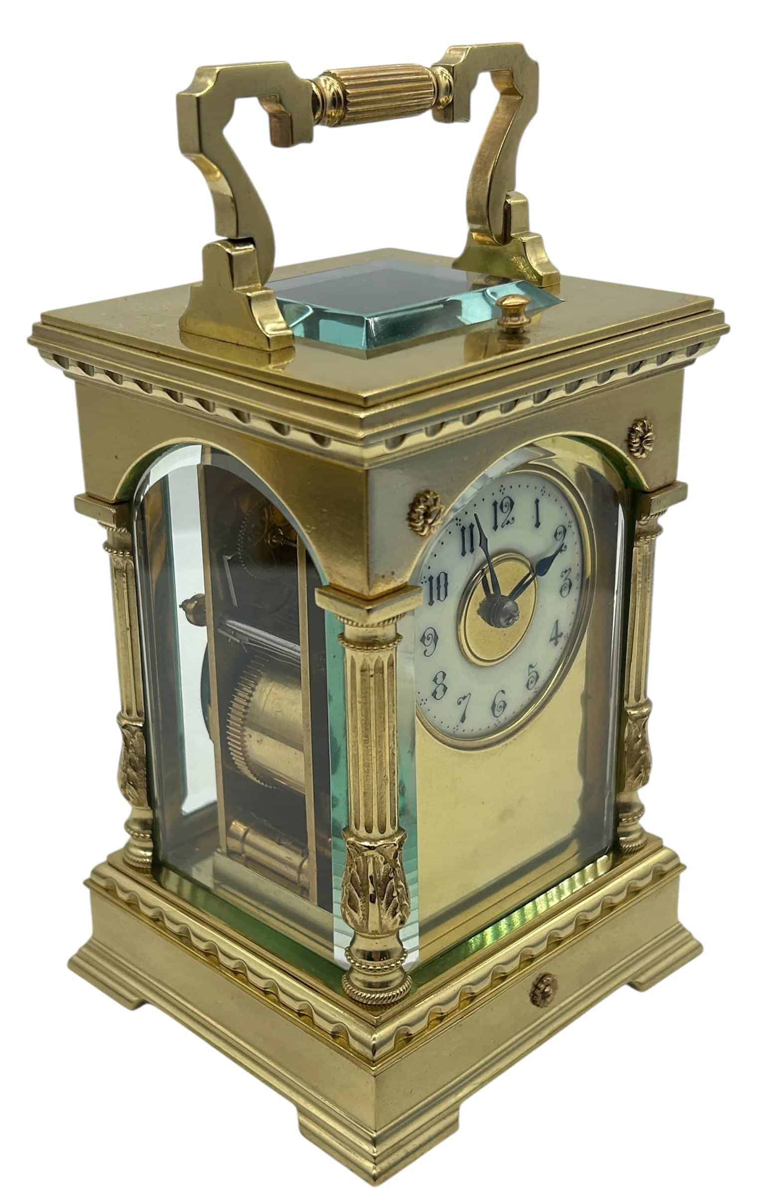 Incredible Architectural Carriage Clock with Brass and Enamel Masked Dial – French 8-Day Gong Striking Carriage Clock with Repeat Feature.