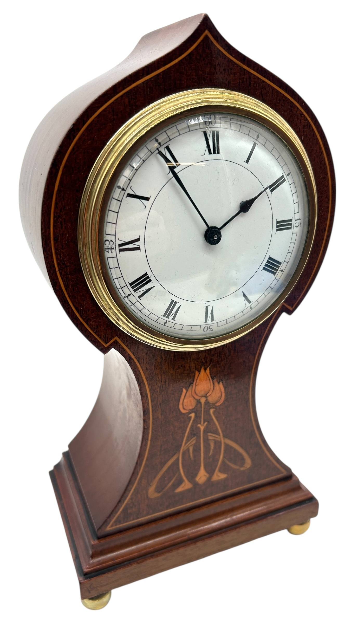 Art Nouveau Tulip Inlaid Mantel Clock – Mahogany French Timepiece with Inlay