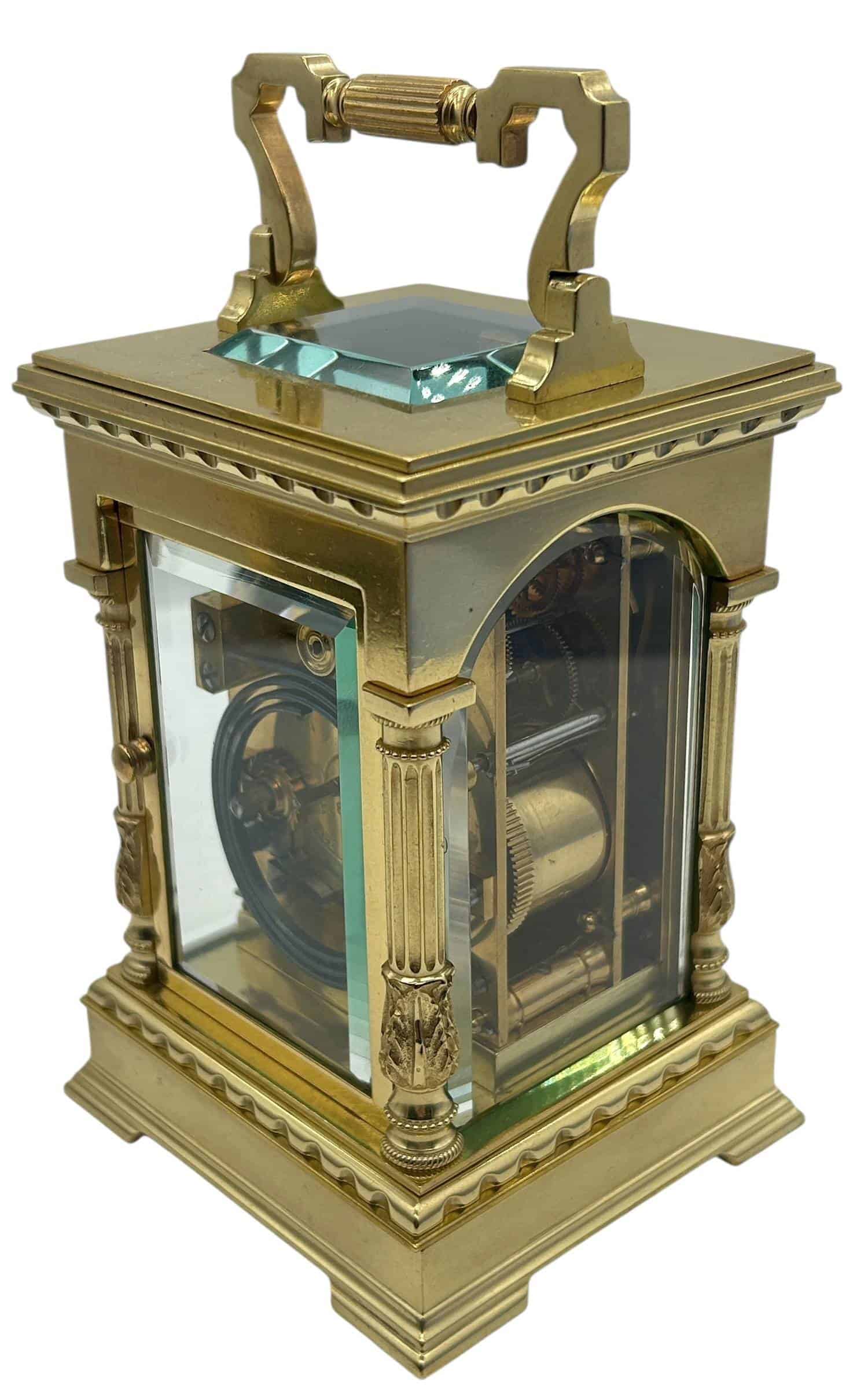 Incredible Architectural Carriage Clock with Brass and Enamel Masked Dial – French 8-Day Gong Striking Carriage Clock with Repeat Feature.