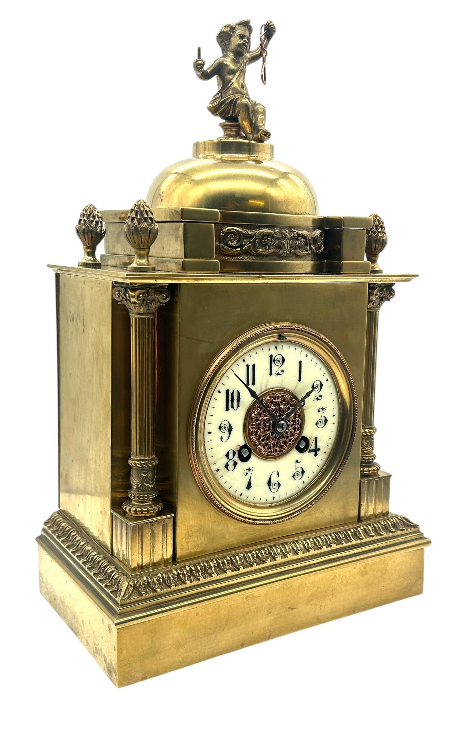 Solid Ormolu Bronze Mantel Clock – Gong Striking Mantel Clock – Cherub finial
