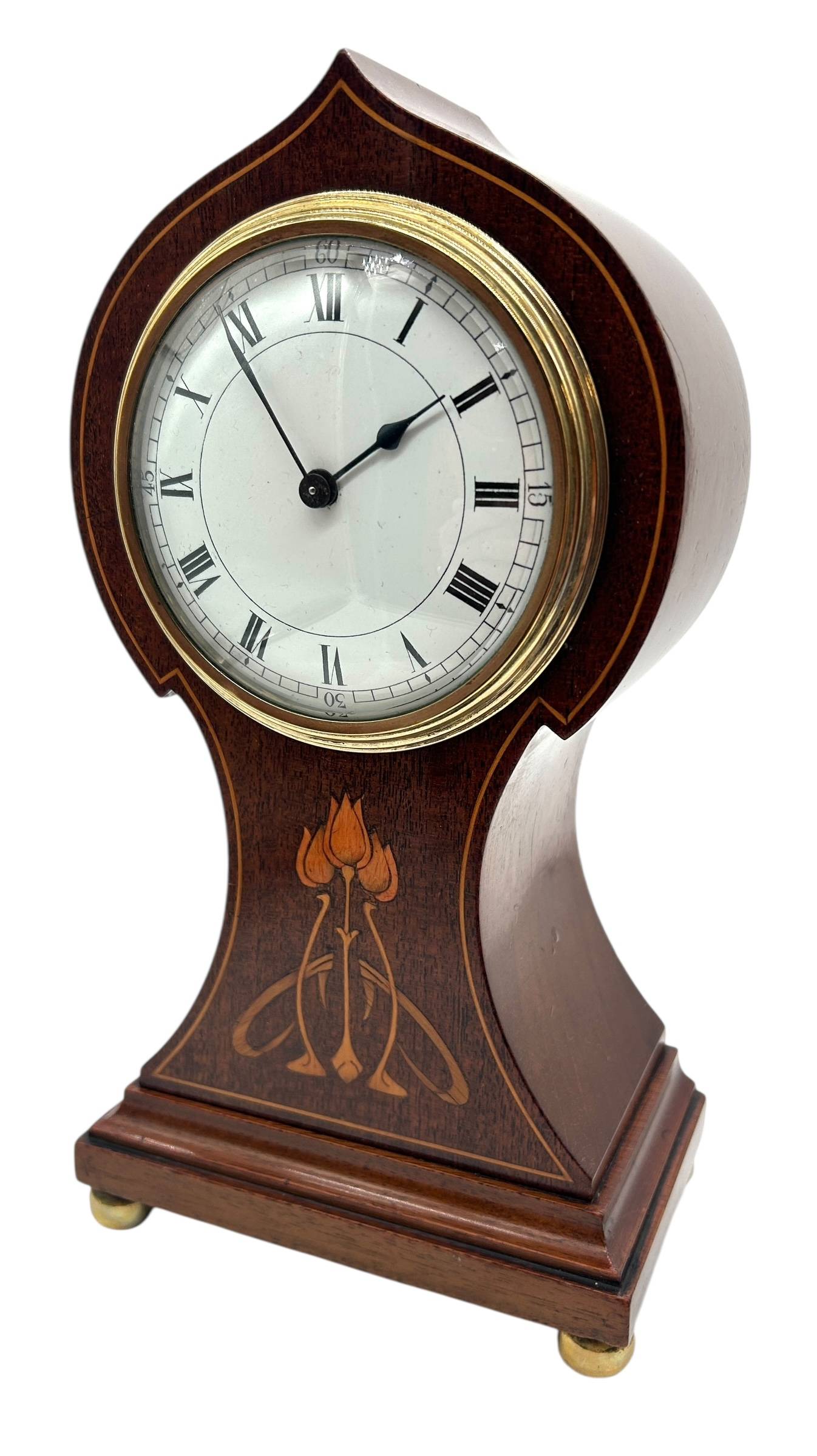 Art Nouveau Tulip Inlaid Mantel Clock – Mahogany French Timepiece with Inlay