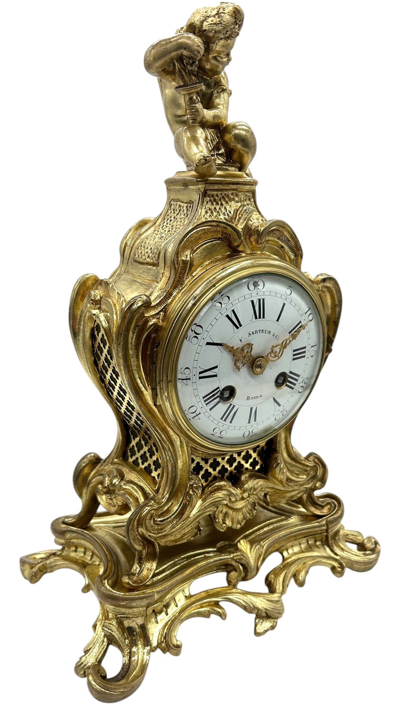 Antique French Ormolu Scrolling Mantel Clock – Cherub Finial