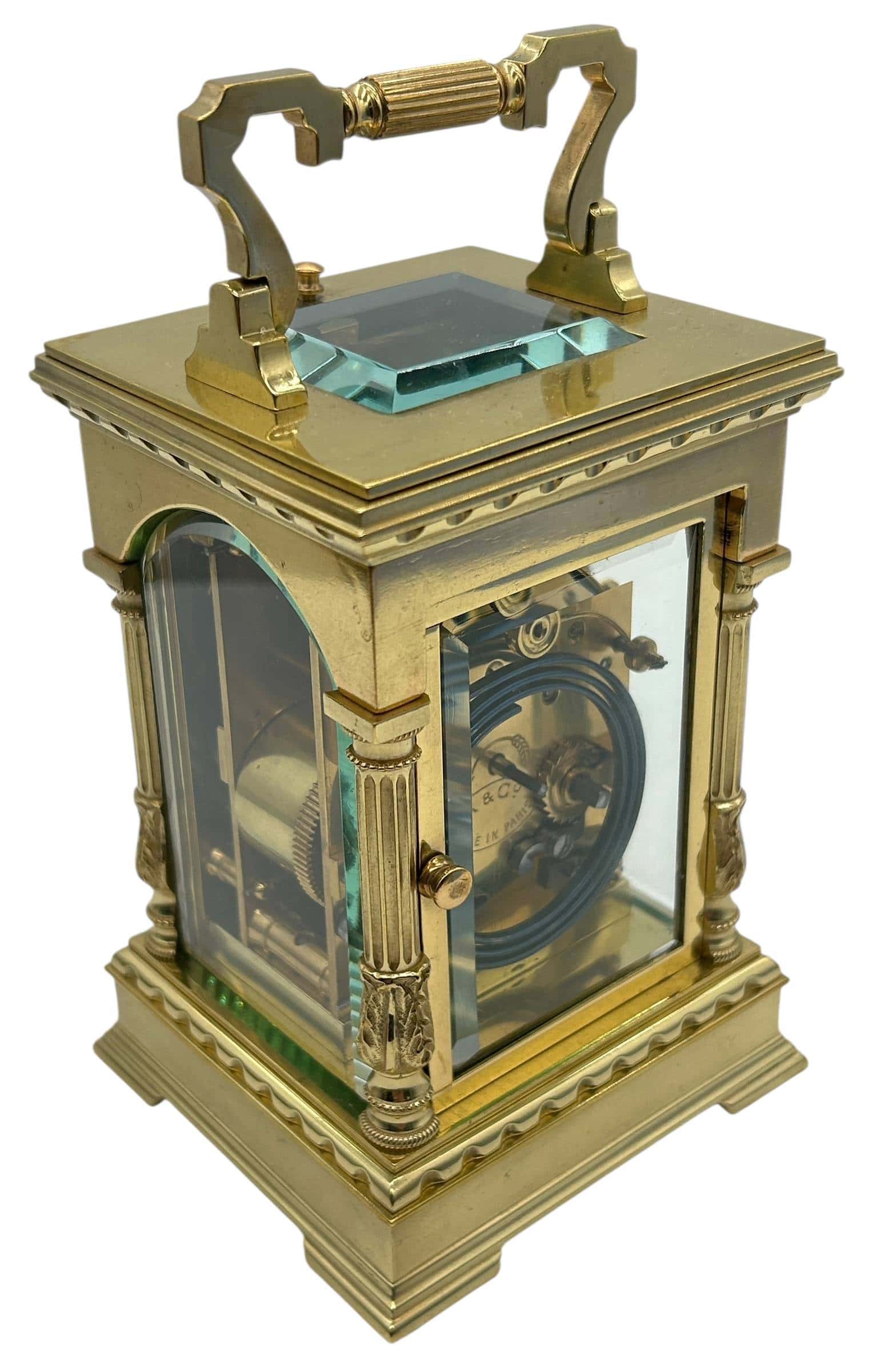 Incredible Architectural Carriage Clock with Brass and Enamel Masked Dial – French 8-Day Gong Striking Carriage Clock with Repeat Feature.
