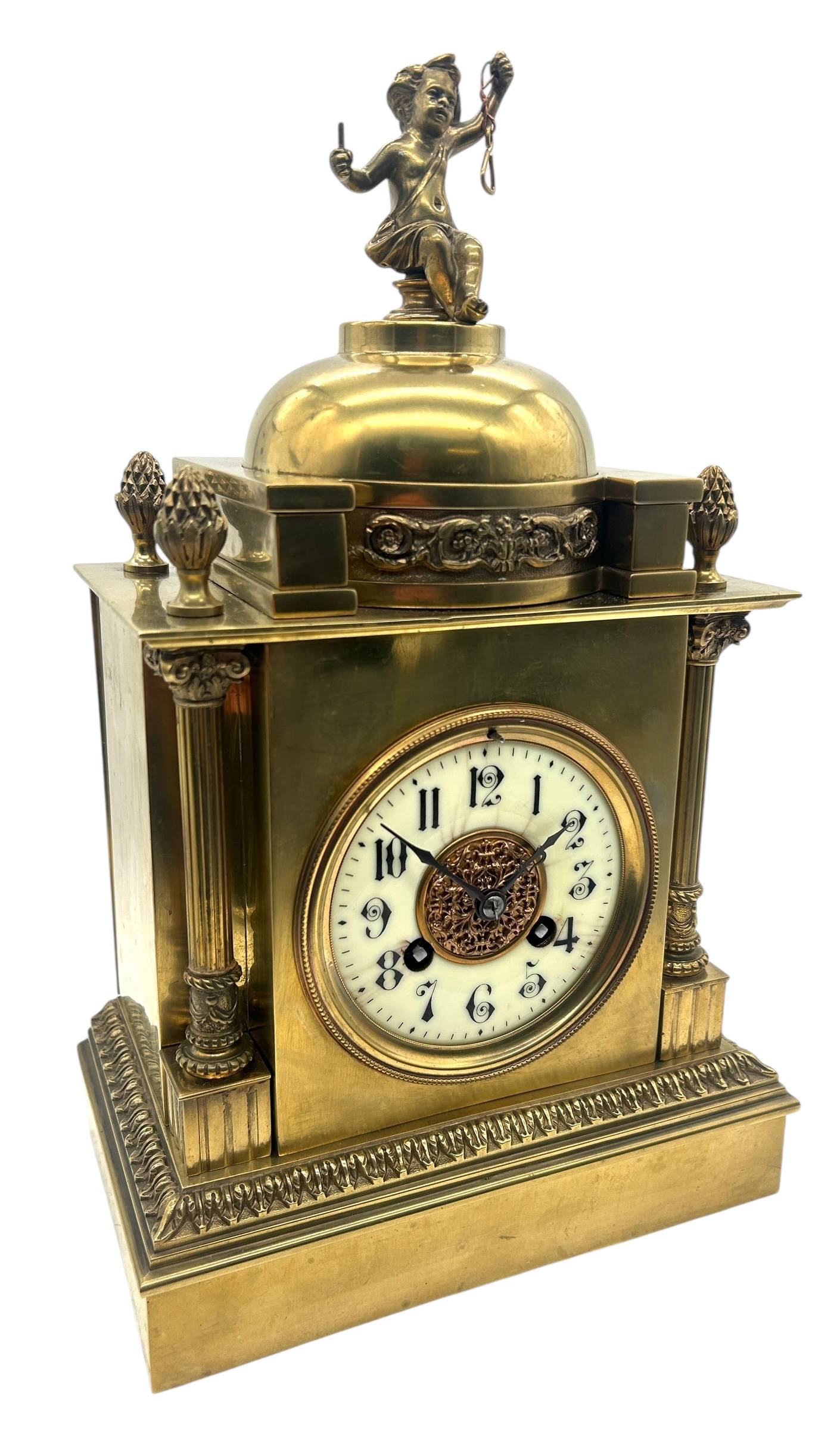 Solid Ormolu Bronze Mantel Clock – Gong Striking Mantel Clock – Cherub finial
