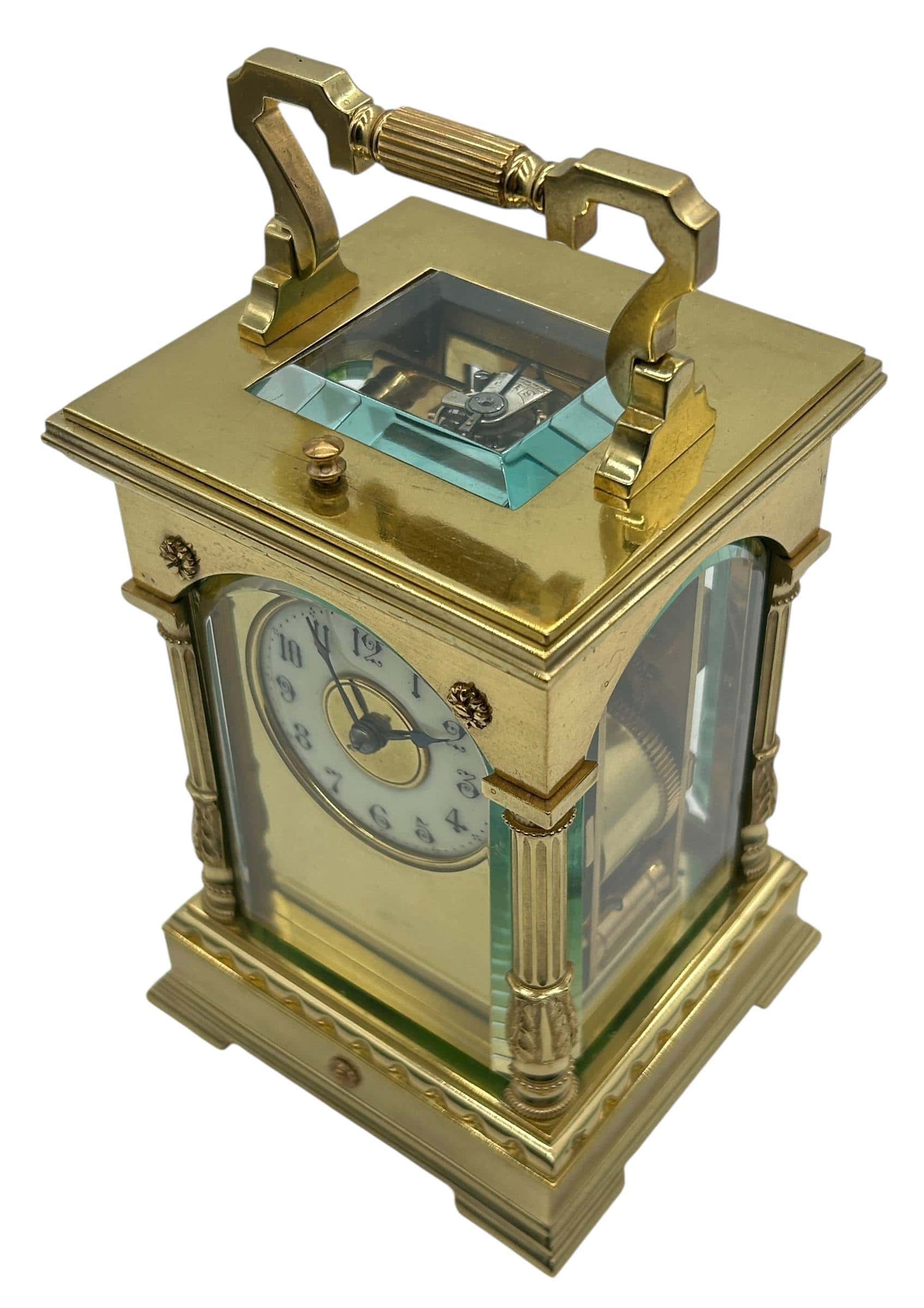 Incredible Architectural Carriage Clock with Brass and Enamel Masked Dial – French 8-Day Gong Striking Carriage Clock with Repeat Feature.