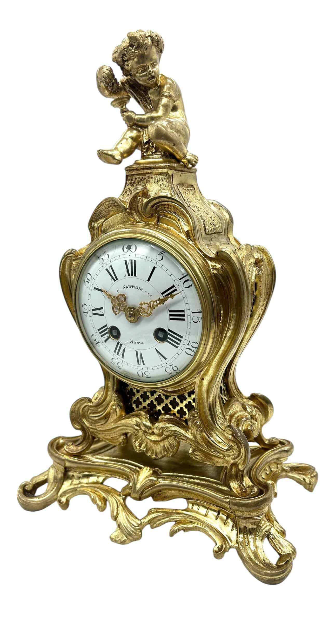 Antique French Ormolu Scrolling Mantel Clock – Cherub Finial
