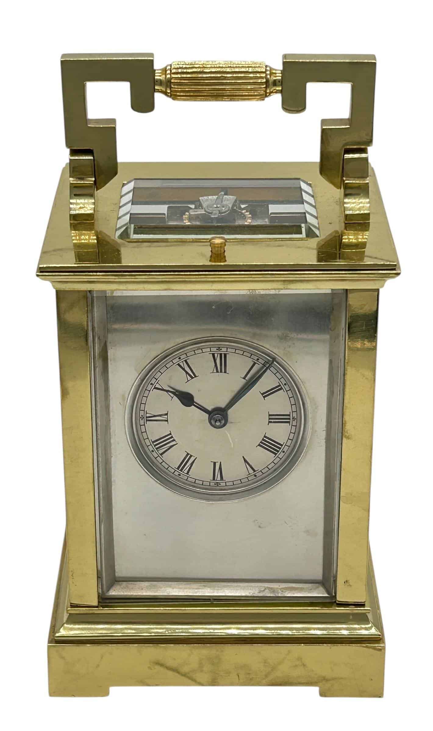 Victorian Mantel Clock Silver Masked Dial – French 8-Day Carriage Clock with Repeat Feature