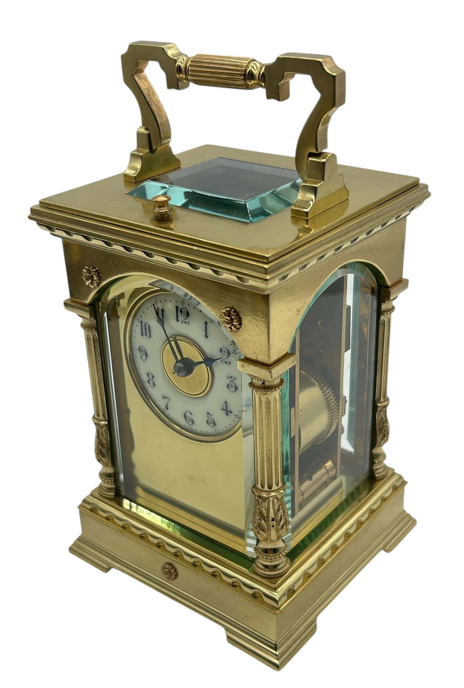 Incredible Architectural Carriage Clock with Brass and Enamel Masked Dial – French 8-Day Gong Striking Carriage Clock with Repeat Feature.