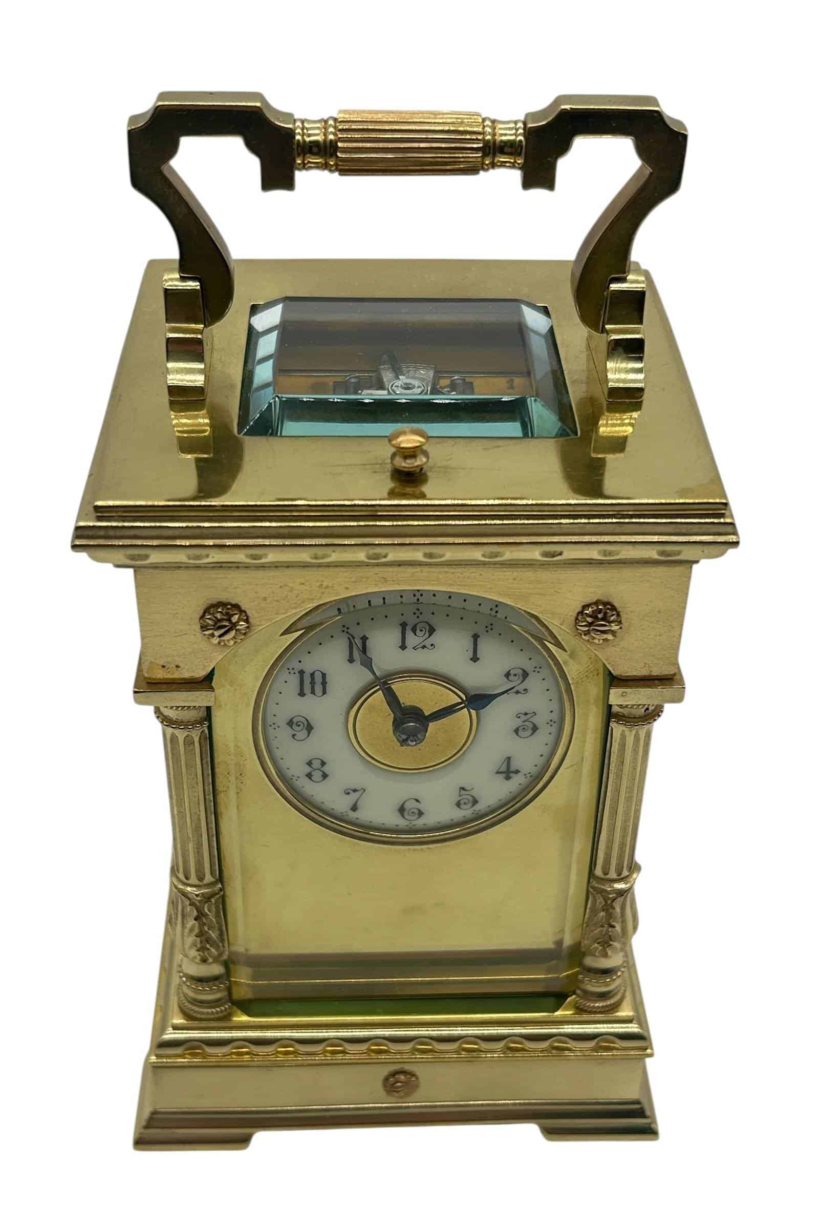Incredible Architectural Carriage Clock with Brass and Enamel Masked Dial – French 8-Day Gong Striking Carriage Clock with Repeat Feature.