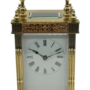 Highly Collectable Carriage Clock with fretwork decoration to all sides with enamel dial – French 8-Day Timepiece Movement.