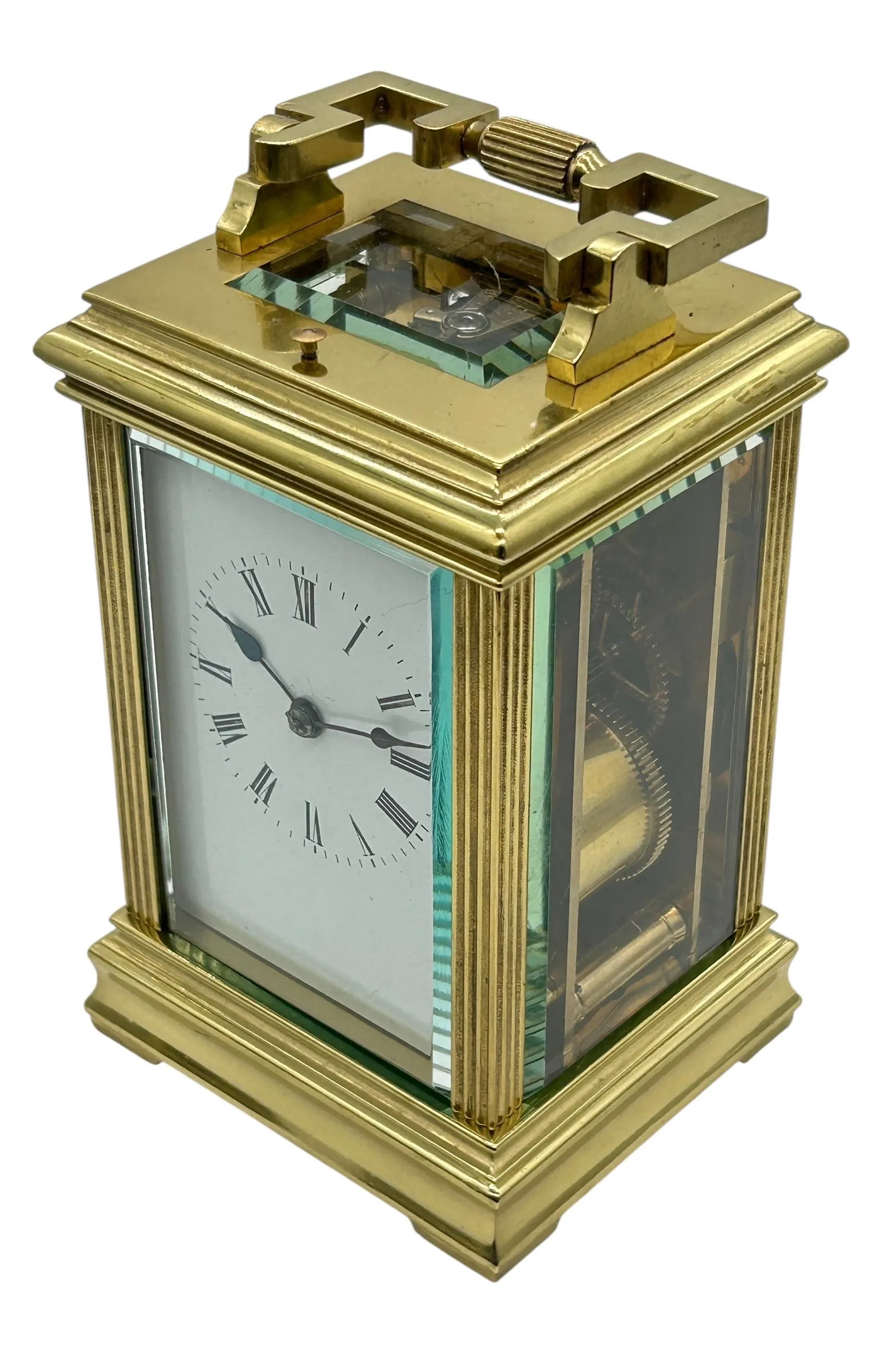 Interesting Mantel Clock Geometric Design with Enamel Dial – French 8-Day Gong Striking Carriage Clock with Repeat Feature.