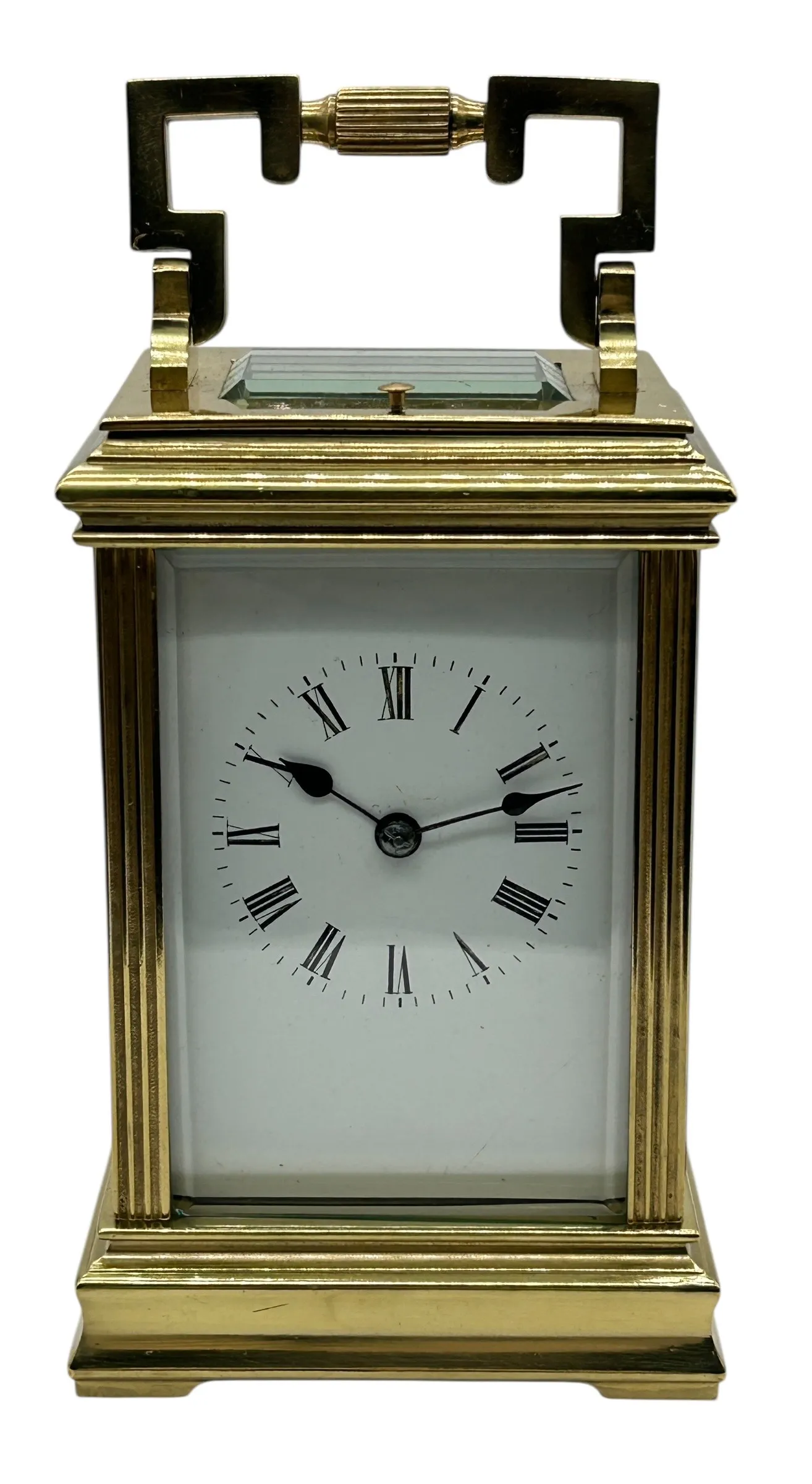 Interesting Mantel Clock Geometric Design with Enamel Dial – French 8-Day Gong Striking Carriage Clock with Repeat Feature.