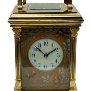 Art Nouveau Mantel Clock Tulip Designed Masked Dial – French 8-Day Gong Striking Carriage Clock