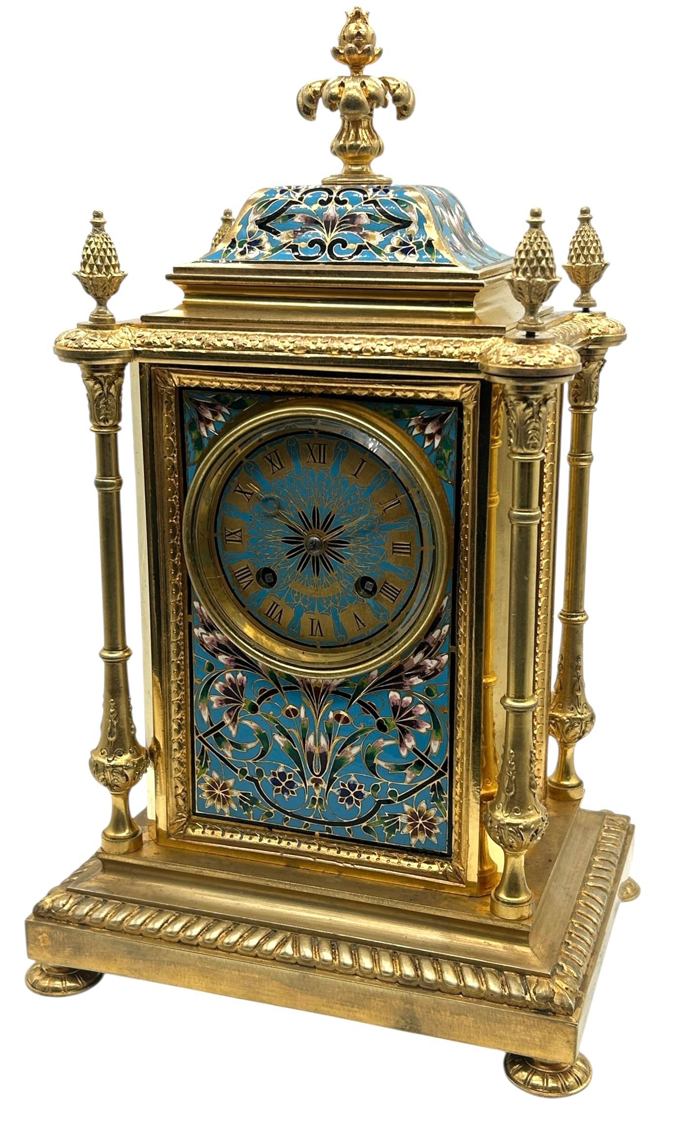French Bronze Ormolu Champleve Mantel Clock