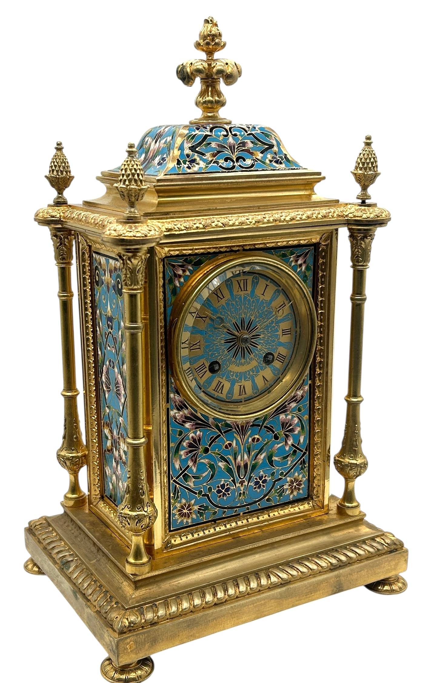French Bronze Ormolu Champleve Mantel Clock