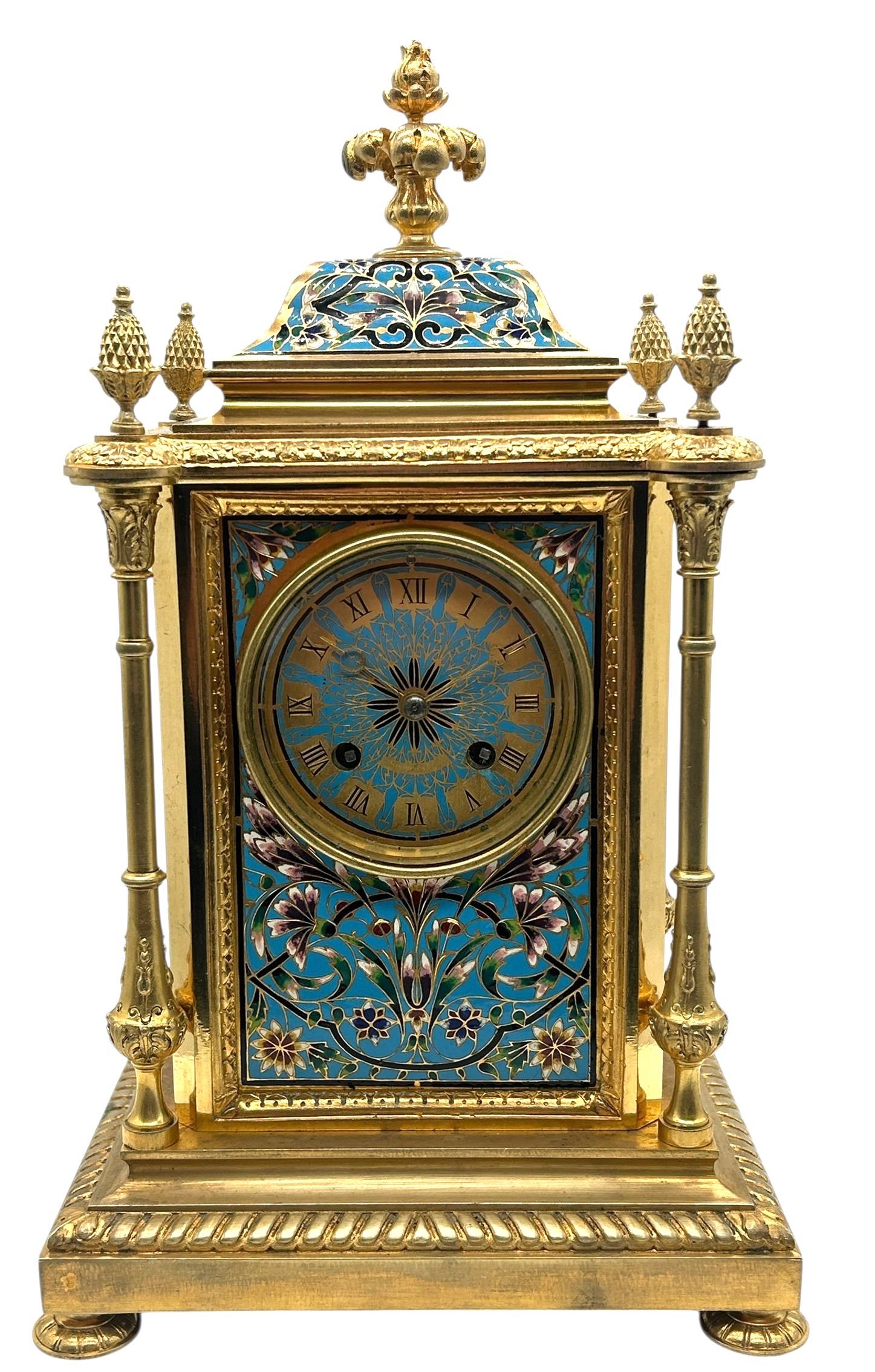 French Bronze Ormolu Champleve Mantel Clock