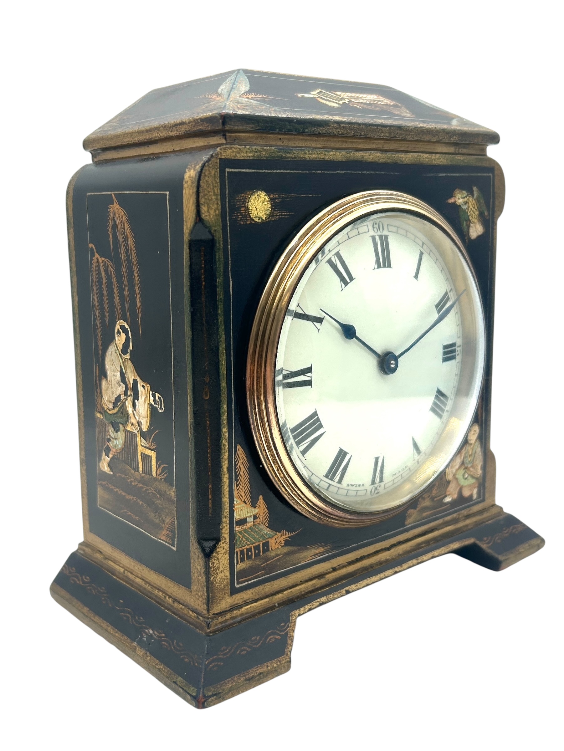 Quality Chinoiserie Mantel Clock – Black & Gold chinoiserie Clock- 8-Day Mantle Clock – Circa 1900