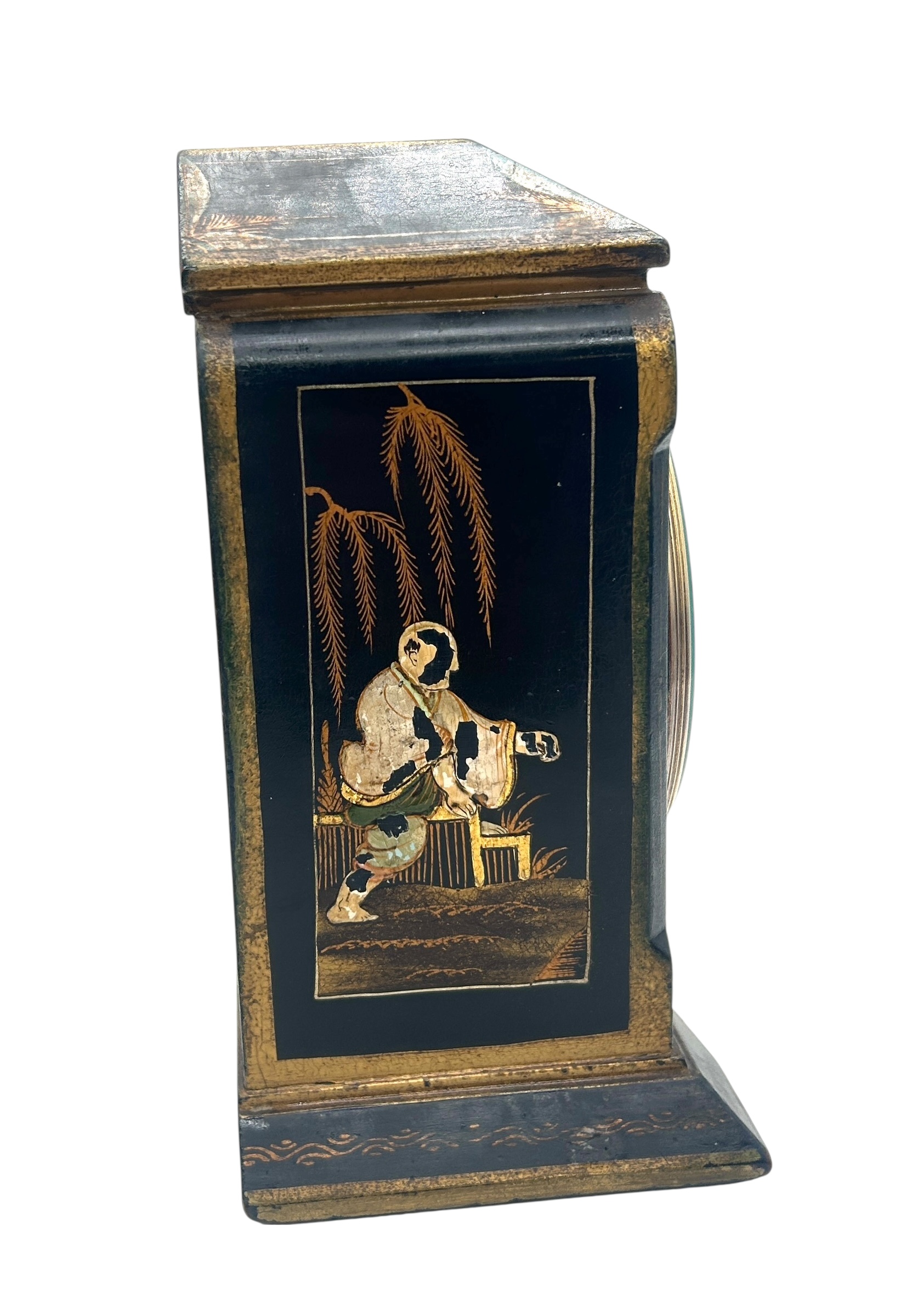 Quality Chinoiserie Mantel Clock – Black & Gold chinoiserie Clock- 8-Day Mantle Clock – Circa 1900