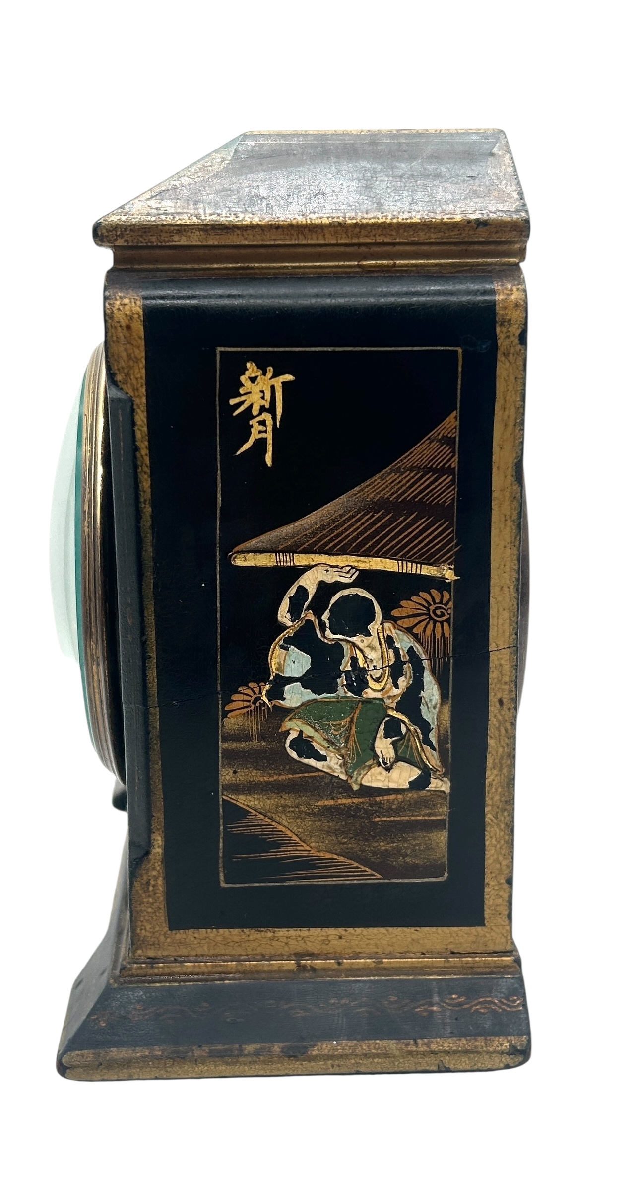 Quality Chinoiserie Mantel Clock – Black & Gold chinoiserie Clock- 8-Day Mantle Clock – Circa 1900