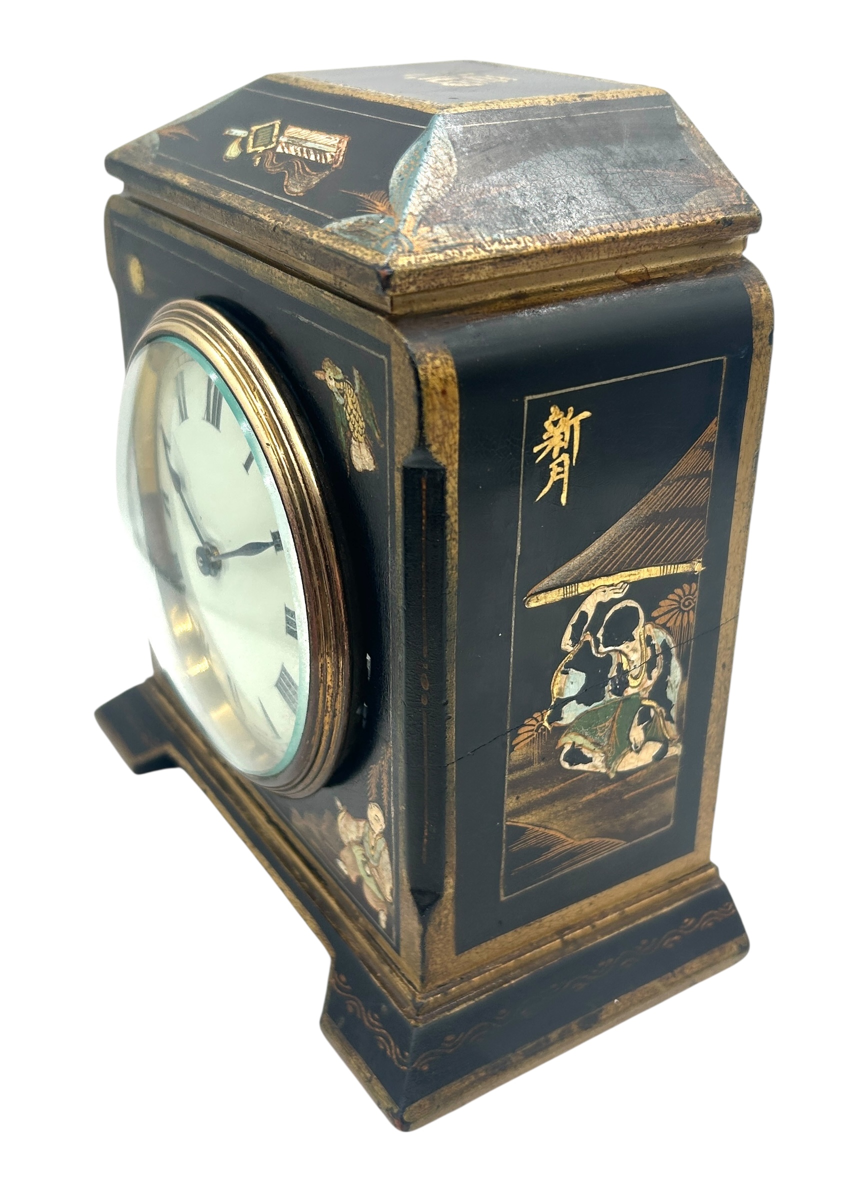 Quality Chinoiserie Mantel Clock – Black & Gold chinoiserie Clock- 8-Day Mantle Clock – Circa 1900