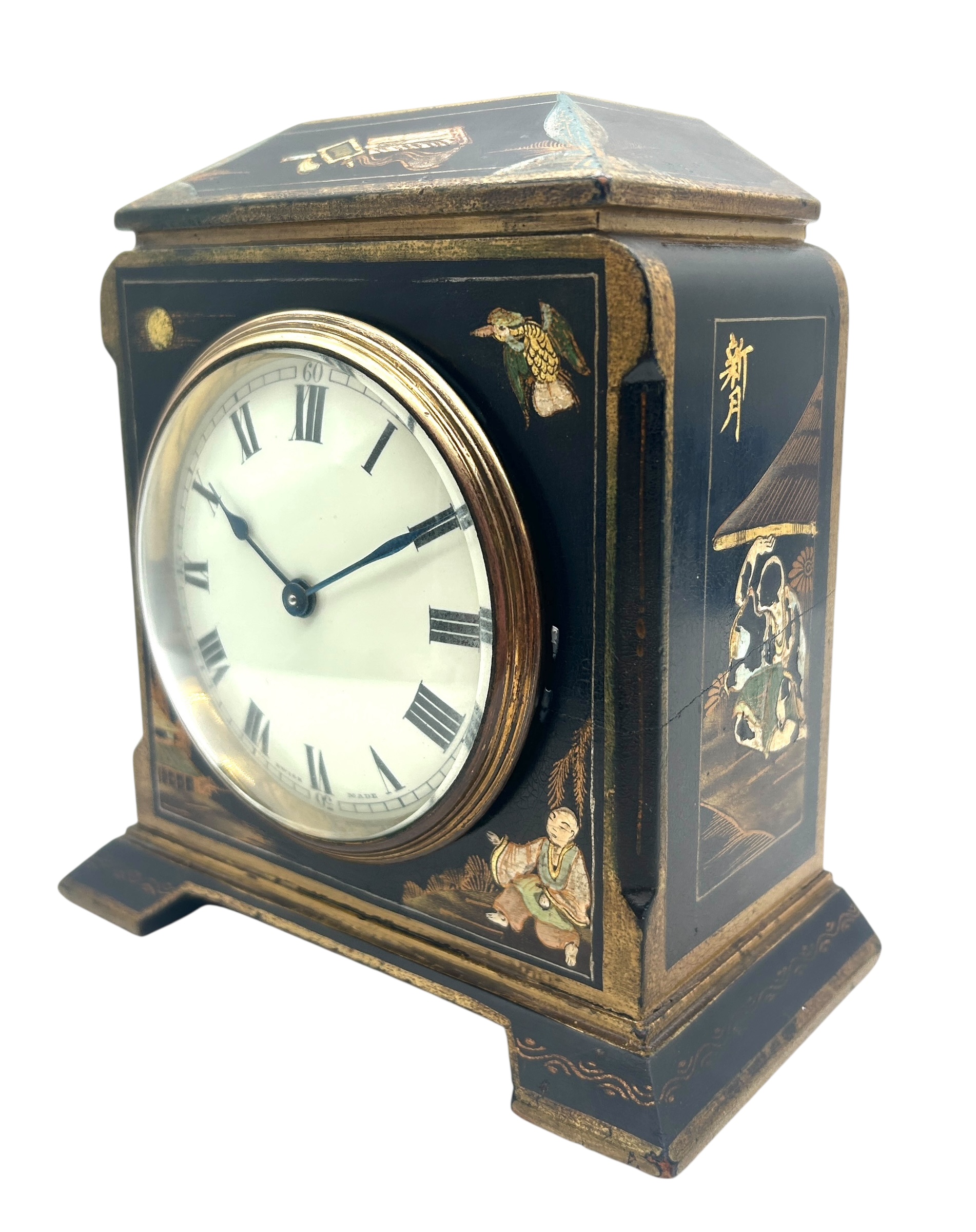 Quality Chinoiserie Mantel Clock – Black & Gold chinoiserie Clock- 8-Day Mantle Clock – Circa 1900