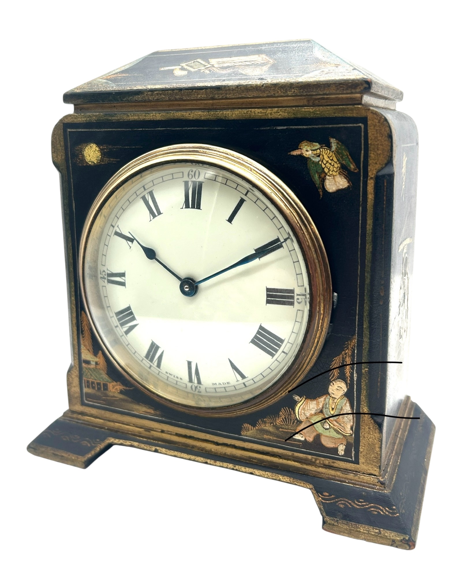 Quality Chinoiserie Mantel Clock – Black & Gold chinoiserie Clock- 8-Day Mantle Clock – Circa 1900