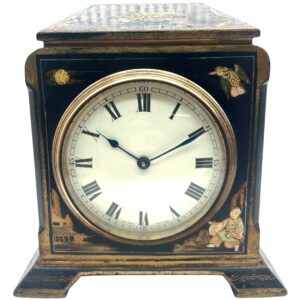 Quality Chinoiserie Mantel Clock – Black & Gold chinoiserie Clock- 8-Day Mantle Clock – Circa 1900