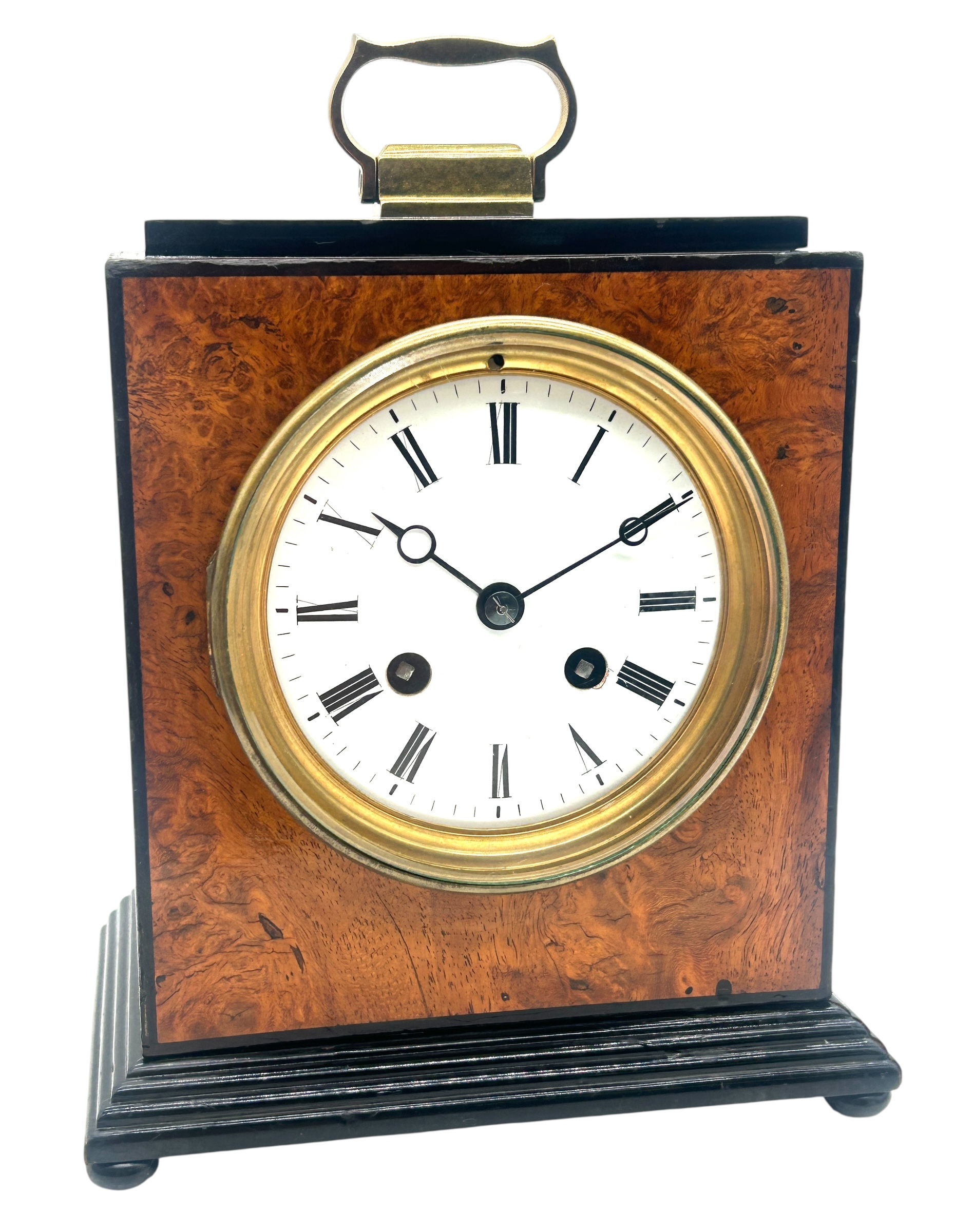 Quality Burr Walnut and Ebony Mantel Clock – Satinwood & MOP inlay - 8-Day Mantle Clock – Circa 1900