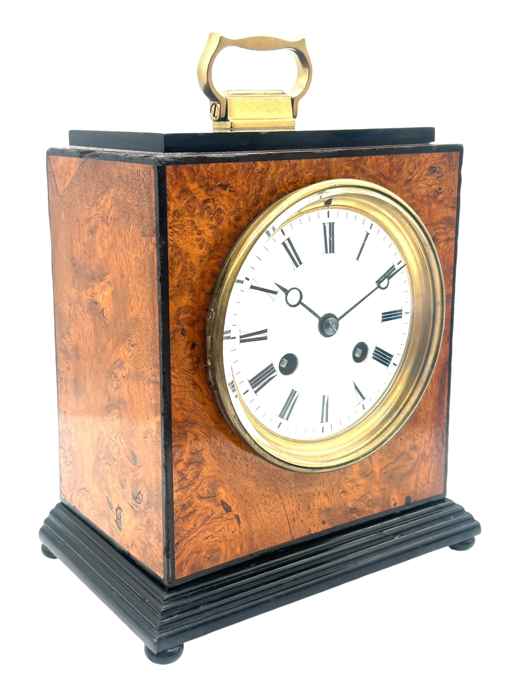 Quality Burr Walnut and Ebony Mantel Clock – Satinwood & MOP inlay - 8-Day Mantle Clock – Circa 1900
