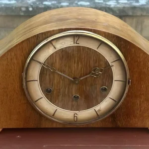 Stylish Walnut Art Deco Hat Shaped Westminster Chime Mantel clock, ca 1940, view 2