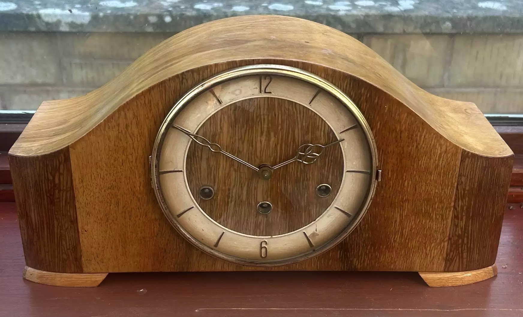 Stylish Walnut Art Deco Hat Shaped Westminster Chime Mantel clock, ca 1940, view 2