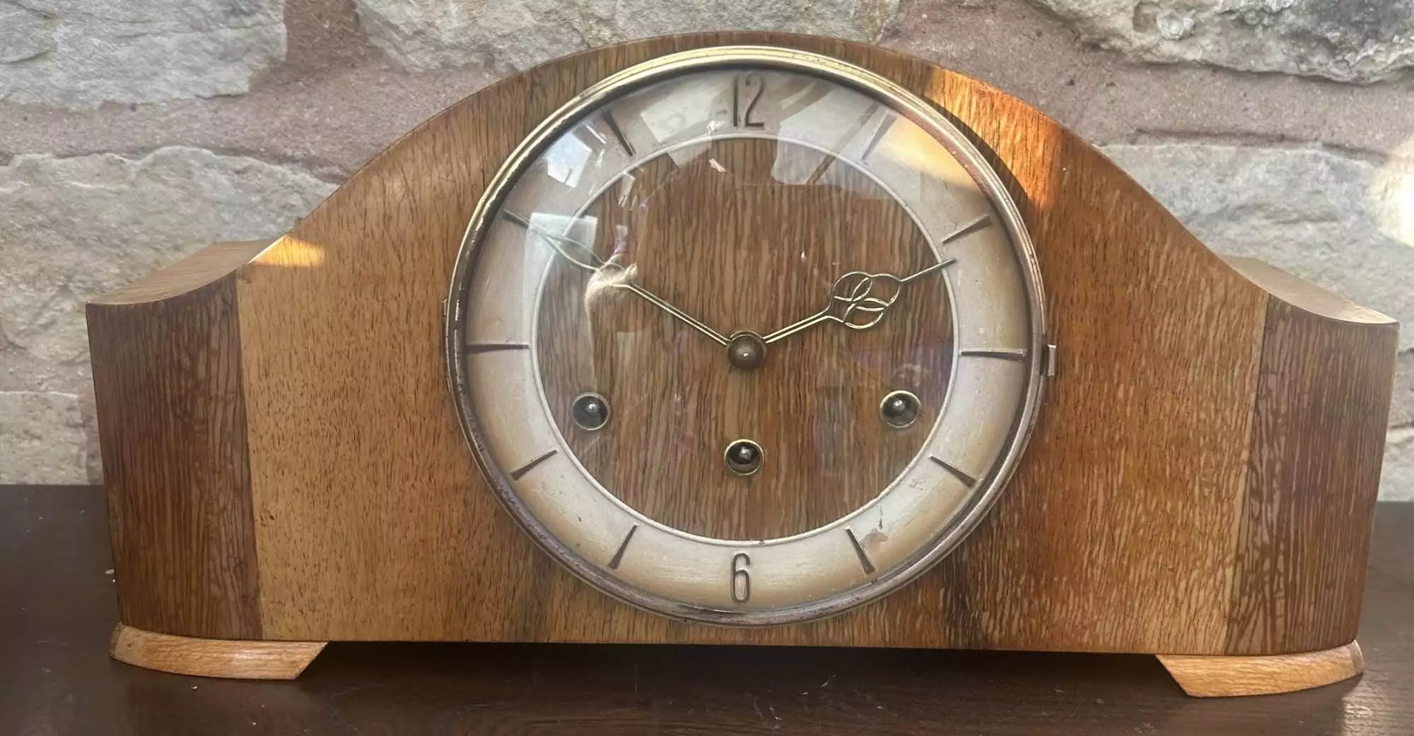 Stylish Walnut Art Deco Hat Shaped Westminster Chime Mantel clock, ca 1940