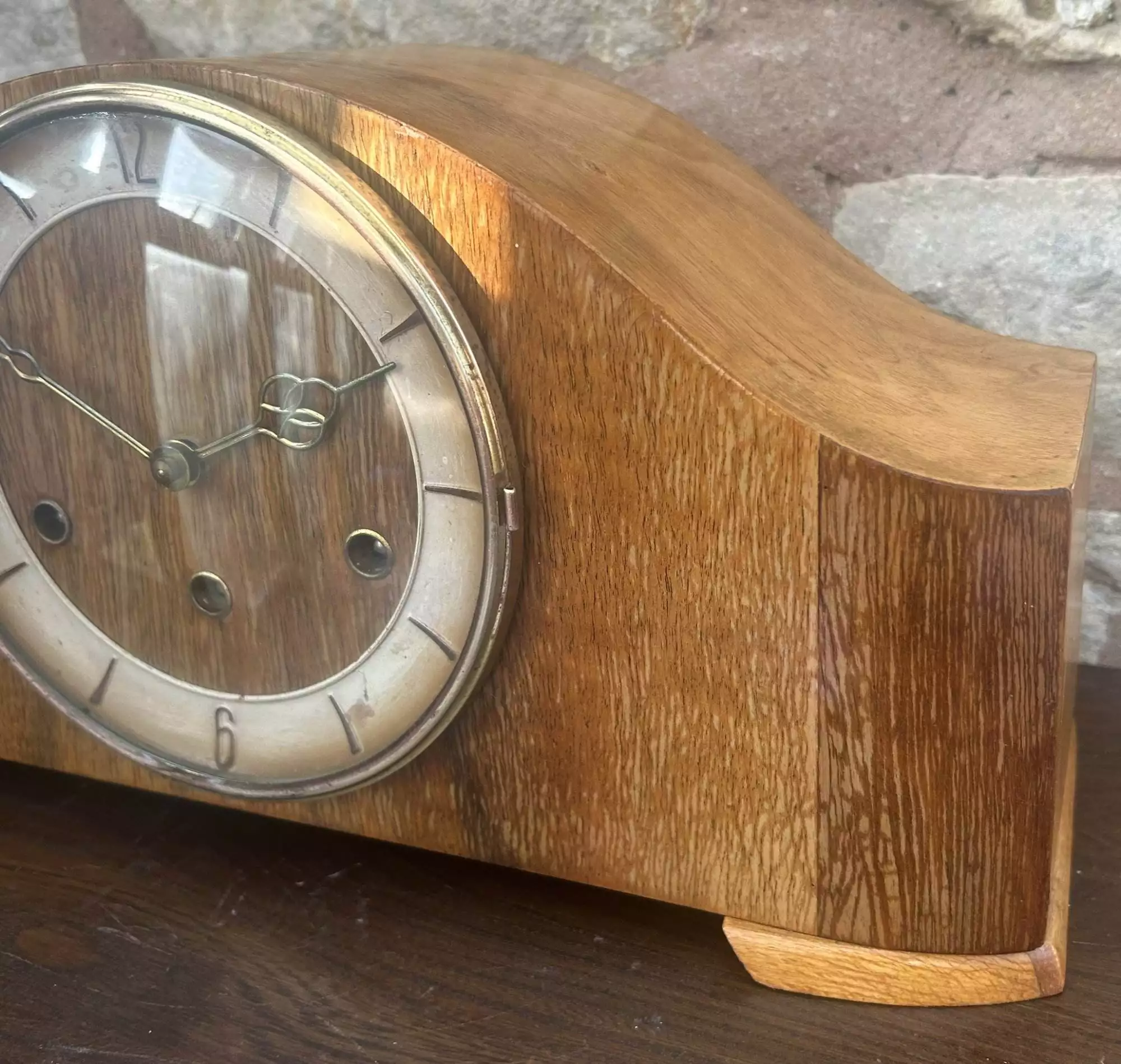 Stylish Walnut Art Deco Hat Shaped Westminster Chime Mantel clock, ca 1940, view 4